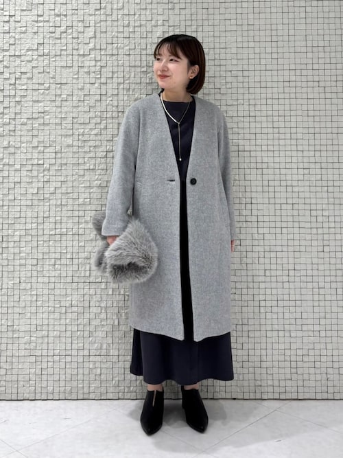 INDIVI ノーカラーコート 軽量／ウール混】ライトフォルム ロングコート（ノーカラーコート