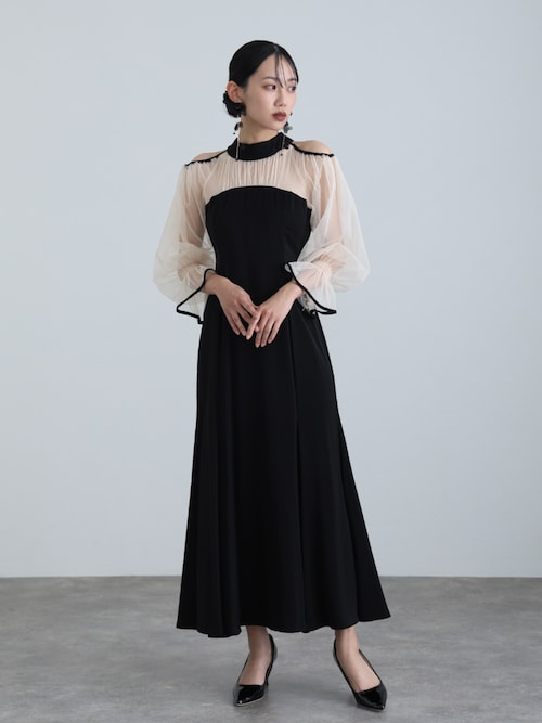 袖あり&ロング パーティードレス チュールお呼ばれ結婚式フォーマル