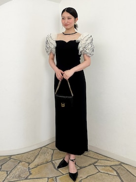 「atlo（アトロ）のミモレ丈&袖あり フォーマル チュール 配色メロー 大きいサイズ 結婚式二次会 パーティードレス お呼ばれ オケージョンドレス 同窓会成人式（ドレス、ブラック系）」を使った、SHOP STAFFさん（レディース・153cm）の夏コーディネート
