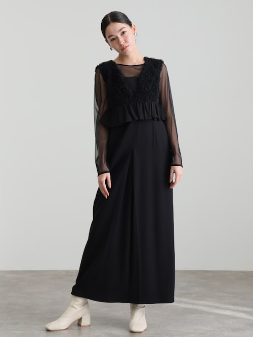 オケージョン　ボリュームチュールペプラムドレス　チャコール ニアナ niana チュールフリルペプラムドレス 2点セット シアー