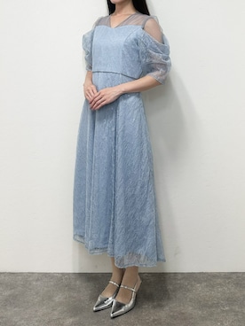 「PourVous（プールヴー）のミモレ&袖あり フォーマル レース フレア シアー オフショル スパンコール セレモニー 結婚式二次会 パーティードレス お呼ばれ オケージョンドレス 同窓会成人式（ドレス、ブルー系）」を使った、SHOP STAFFさん（レディース・153cm）の夏コーディネート
