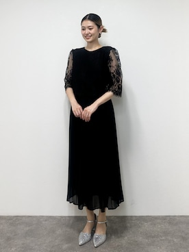 「PourVous（プールヴー）のミモレ丈&七分袖フォーマルサイドプリーツ大きいサイズ結婚式パーティードレス（ドレス、ブラック系）」を使った、SHOP STAFFさん（レディース・153cm）の夏コーディネート