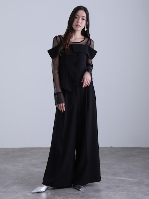 terrace ［同窓会］ブラックドットシースルー袖ドレス風パンツ パンツドレス 」シースルーチュニック 「セットアップ 入学式 スーツ・フォーマル・ドレス