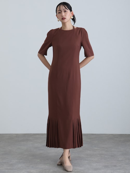 セール】結婚式 パーティードレス シンプルタイト袖あり&ミモレ丈