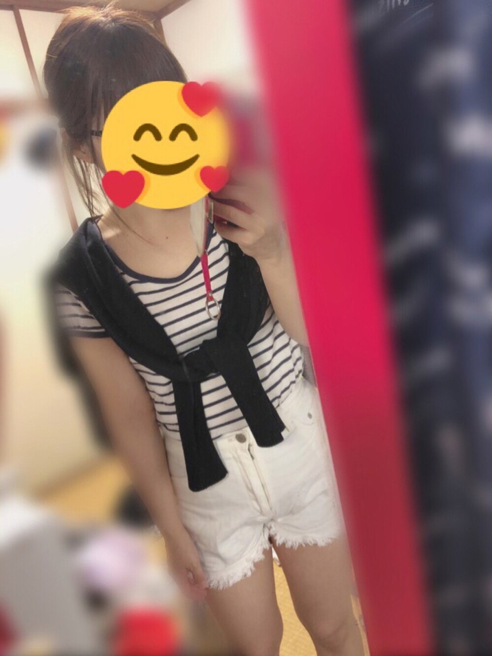 「めがね、ショートパンツ、ボーダー、メガネ女子」｜「❤のアイテム（パンツ、ホワイト系）」を使った、アラレちゃんさん（レディース・145cm）の夏コーディネートの1枚目の写真