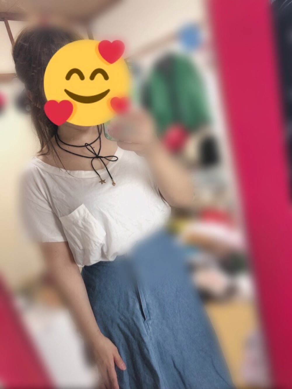 「白Tシャツ、デニムスカート」｜「❤のアイテム（スカート、ブルー系）」を使った、アラレちゃんさん（レディース・145cm）の夏コーディネートの1枚目の写真