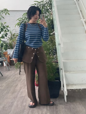 「ALL NEW MART（オールニューマート）のスカートレイヤードツイルパンツ（その他パンツ、ブラウン系）」を使った、yukiさん（レディース・164cm）の秋コーディネート
