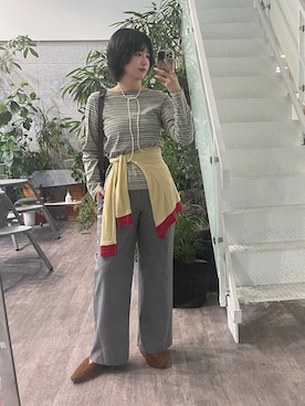 「ALL NEW MART（オールニューマート）のマルチレイヤードボーダートップス（Tシャツ/カットソー、グレー系）」を使った、yukiさん（レディース・164cm）の秋コーディネート