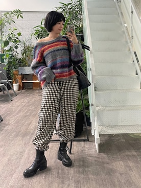 「ALL NEW MART（オールニューマート）のラメチェックワイドパンツ（その他パンツ、ブラウン系）」を使った、yukiさん（レディース・164cm）の秋コーディネート