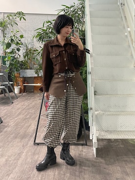 「ALL NEW MART（オールニューマート）のラメチェックワイドパンツ（その他パンツ、ブラウン系）」を使った、yukiさん（レディース・164cm）の秋コーディネート