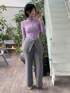 「ALL NEW MART（オールニューマート）のスカートレイヤードツイルパンツ（その他パンツ、グレー系）」を使った、yukiさん（レディース・164cm）の秋コーディネート