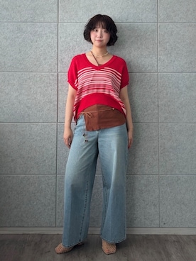 「ALL NEW MART（オールニューマート）のVネックボーダーニットベスト（ニット/セーター、レッド系）」を使った、yukiさん（レディース・164cm）の春コーディネート