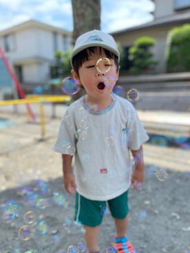 「BOBSON（ボブソン）のアイテム（チノパンツ）」を使った、montaさん（キッズ・100cm）の夏コーディネート