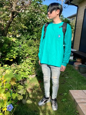 「GU（ジーユー）のアイテム（Tシャツ/カットソー、グリーン系）」を使った、まさおさん（メンズ・174cm）の秋コーディネート