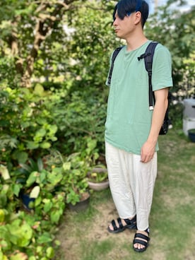 「GLOBAL WORK（グローバルワーク）のアイテム（Tシャツ/カットソー、グリーン系）」を使った、まさおさん（メンズ・174cm）の夏コーディネート
