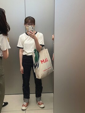 「Healthknit（ヘルスニット）のアイテム（Tシャツ/カットソー、ホワイト系）」を使った、shuahonさん（レディース・158cm）の秋コーディネート