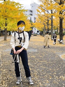 「CHILD WOMAN（チャイルドウーマン）のアイテム（Tシャツ/カットソー、ホワイト系）」を使った、shuahonさん（レディース・158cm）の秋コーディネート