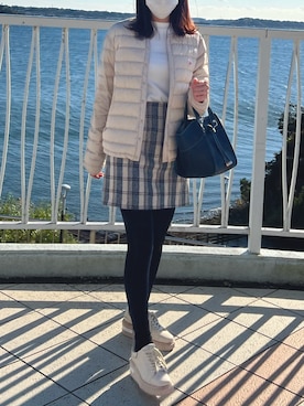 「チェック柄に恋してる」｜「アイテム（ダウンジャケット/コート）」を使った、Shionさん（レディース・156cm）の冬コーディネート