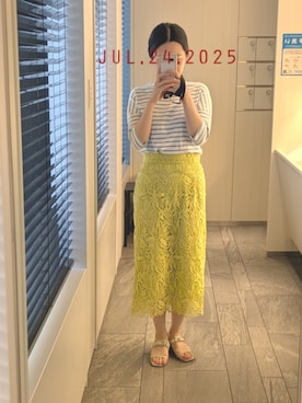 「アイテム（スカート、イエロー系）」を使った、mokoさん（レディース・157cm）の夏コーディネート