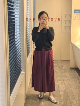 「La TOTALITE（ラトータリテ）のリネンギャザーワイドパンツ◆（その他パンツ、レッド系）」を使った、mokoさん（レディース・157cm）の秋コーディネート
