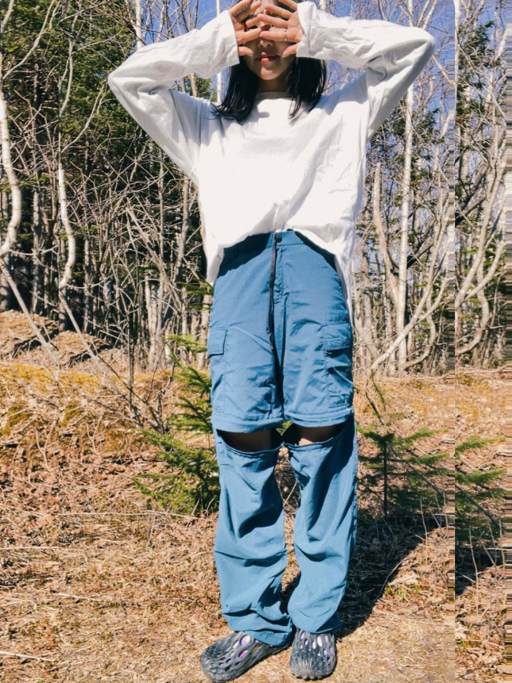 「リラックススタイル、低身長コーデ、シンプル、アウトドアスタイル、ハイキング、THE NORTH FACE、keen、and wander、スポーツミックス、ゆったりコーデ、登山、カジュアルコーデ、お洒落さんとつながりたい、gorpcore」｜「MERRELLのMerrell Hydro Moc Water Friendly Clog（その他シューズ、ブラック系）」を使った、まいちんさん（レディース・150cm）の春コーディネートの1枚目の写真