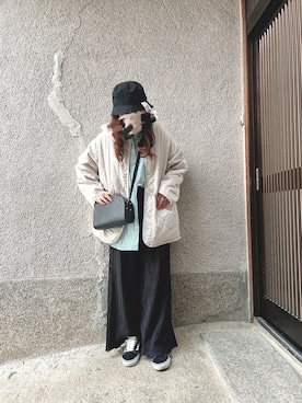 「DISCOAT（ディスコート）のアイテム（ノーカラージャケット）」を使った、もぴこさん（レディース・160cm）の冬コーディネート