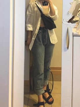「H&M（エイチ・アンド・エム）のアイテム（デニムパンツ、ブルー系）」を使った、aemiさん（レディース・158cm）の秋コーディネート
