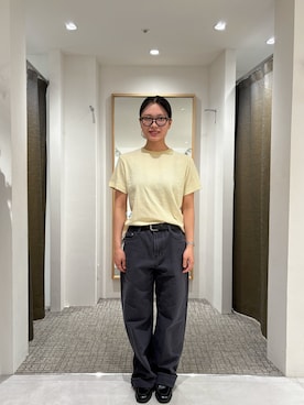 「CANAL JEAN（キャナルジーン）のMiller　パネルリブクルーネックTシャツ（Tシャツ/カットソー、イエロー系）」を使った、舞幸さん（レディース・156cm）の夏コーディネート