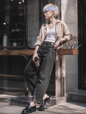 「no brand（ノーブランド）のアイテム（デニムパンツ、ブラック系）」を使った、Enaさん（レディース・170cm）の夏コーディネート