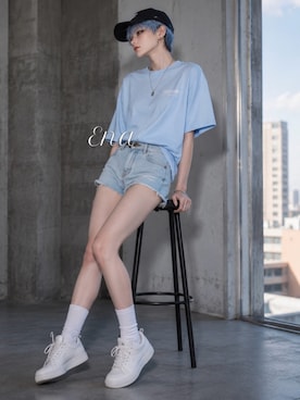 「no brand（ノーブランド）のアイテム（トップス、ブルー系）」を使った、Enaさん（レディース・170cm）の夏コーディネート