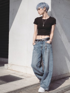 「no brand（ノーブランド）のアイテム（Tシャツ/カットソー、ブラック系）」を使った、Enaさん（レディース・170cm）の夏コーディネート