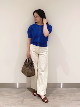 「N.（N. Natural Beauty Basic）（エヌエヌナチュラルビューティーベーシック）のレーストリミング柄編みニット（ニット/セーター、ブルー系）」を使った、YUさん（レディース・150cm）の夏コーディネート