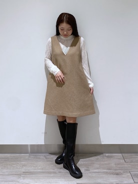 「NATURAL BEAUTY BASIC（ナチュラルビューティーベーシック）のハイネックレースカットソー（Tシャツ/カットソー、ホワイト系）」を使った、YUさん（レディース・150cm）の秋コーディネート