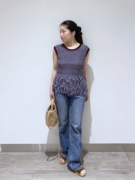 「N.（N. Natural Beauty Basic）（エヌエヌナチュラルビューティーベーシック）のフリンジニット（ニット/セーター、ブラウン系）」を使った、YUさん（レディース・150cm）の夏コーディネート