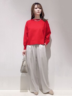「grove（グローブ）の【おうちで洗える】顔周りすっきり、ボートネックニット（ニット/セーター、レッド系）」を使った、hitomiさん（レディース・159cm）の冬コーディネート