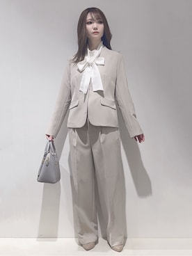 「grove（グローブ）の【マシンウォッシュ／防シワ/SS-3L】ストレッチノーカラージャケット（ノーカラージャケット、ベージュ系）」を使った、hitomiさん（レディース・159cm）の冬コーディネート