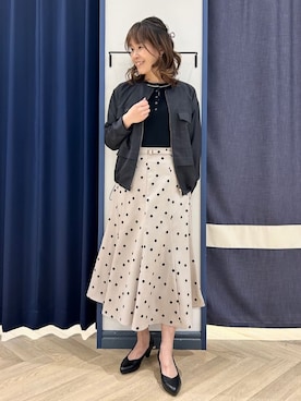 「grove（グローブ）の【貴島明日香さん着用・洗える】麻調ノーカラーブルゾン（ブルゾン、ブラック系）」を使った、Orikaさん（レディース・154cm）の春コーディネート