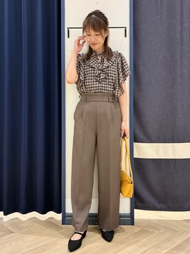 「grove（グローブ）の1枚で着映えが叶う チェックラッフルフリルブラウス（シャツ/ブラウス、ブラウン系）」を使った、Orikaさん（レディース・154cm）の夏コーディネート