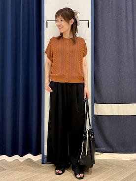 「grove（グローブ）の【2WAY・洗える】透かし編みニットベスト（ベスト、イエロー系）」を使った、Orikaさん（レディース・154cm）の夏コーディネート