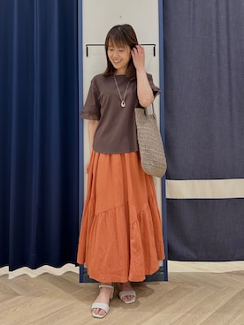 「grove（グローブ）の【二の腕カバー/UVカット・ひんやり】袖口シアースクエアネックTシャツ（Tシャツ/カットソー、ブラウン系）」を使った、Orikaさん（レディース・154cm）の春コーディネート