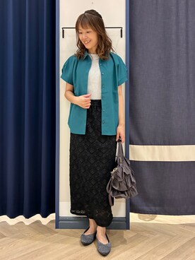 「grove（グローブ）のドルマンシャツブラウス（シャツ/ブラウス、グリーン系）」を使った、Orikaさん（レディース・154cm）の夏コーディネート