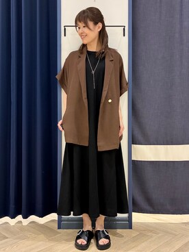 「grove（グローブ）の【洗濯機OK・ひんやり/SETUP可】シワになりにくいハーフスリーブジャケット（テーラードジャケット、ブラウン系）」を使った、Orikaさん（レディース・154cm）の夏コーディネート