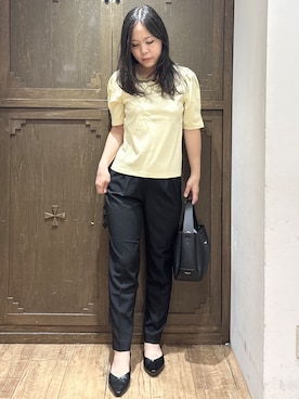 「index（インデックス）の【接触冷感／UVケア】パール調ネックタックスリーブトップス《洗濯機OK／6col》（Tシャツ/カットソー、イエロー系）」を使った、kanaさん（レディース・159cm）の夏コーディネート