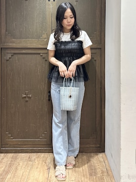「index（インデックス）のフレアデニムパンツ【洗濯機OK】（デニムパンツ、ブルー系）」を使った、kanaさん（レディース・159cm）の春コーディネート