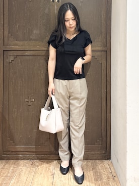 「index（インデックス）の【接触冷感／UVケア】ハートネックレースレイヤードトップス《洗濯機OK／6col》（Tシャツ/カットソー、ブラック系）」を使った、kanaさん（レディース・159cm）の夏コーディネート