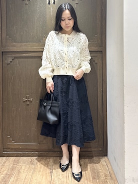 「index（インデックス）のシアー幾何刺繍カーディガン【洗濯機OK】（カーディガン/ボレロ、ホワイト系）」を使った、kanaさん（レディース・159cm）の春コーディネート