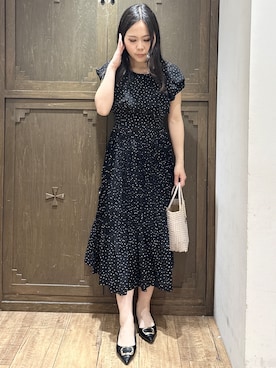 「index（インデックス）のハートドットバルーンスリーブワンピース【洗濯機OK／イージーアイロン】（ワンピース、ブラック系）」を使った、kanaさん（レディース・159cm）の春コーディネート