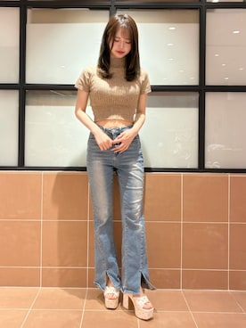「ESPERANZA（エスペランサ）の【ラク盛り/約12cm】ラク盛り厚底ツイストリボンサンダル（サンダル、ベージュ系）」を使った、Arisaさん（レディース・159cm）の春コーディネート