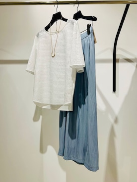 「COUP DE CHANCE（クードシャンス）の【手洗い可／日本製】ジオメボーダーレースカットソー（T Shirts、ホワイト系）」を使った、梶さん（レディース・162cm）の夏コーディネート