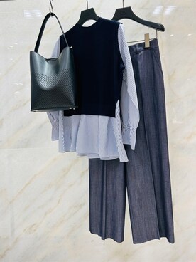 「COUP DE CHANCE（クードシャンス）の◆【手洗い可】重ね着風ニットトップス（Knitwear、ブルー系）」を使った、梶さん（レディース・162cm）の秋コーディネート
